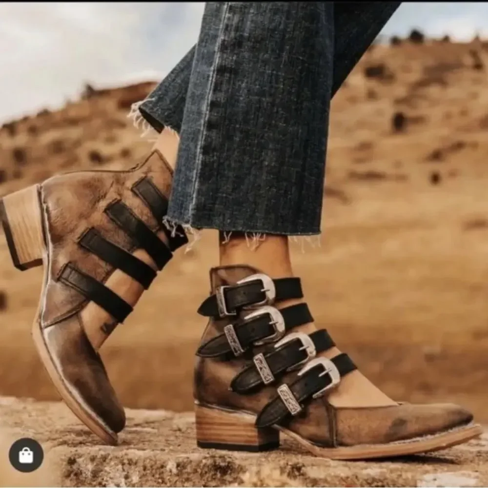 Freebird by Steven Scarlett Olive Brown Multi-Buckle Ankle Boots 8 Boho Western